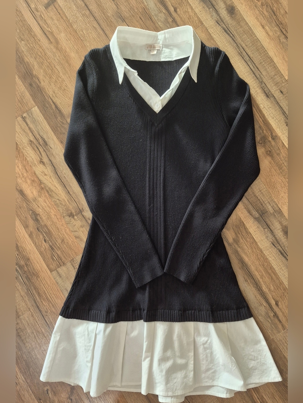 J for Justify Black Soft V-Neck Sweater Dress with White Shirt & Ruffled Hem